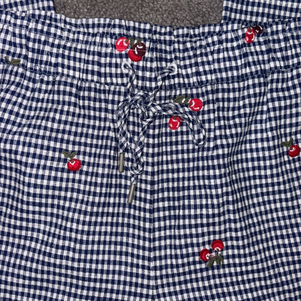 NICOLE MILLER Blue White Gingham Linen Pant Cherry Embroidered Drawstring Size 8 - Picture 4 of 9